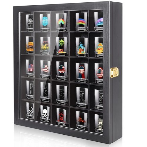 tutata Shot Glass Display Case, 25 Slots Shot Glass Holder with Door, Wall Mounted Shot Glass Storage Case, Black, TBCL07