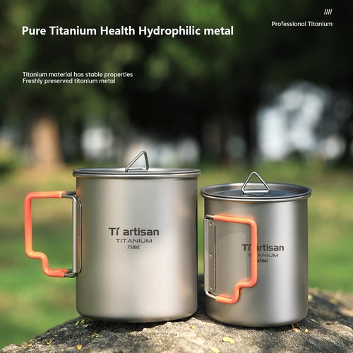 Ti artisan Titanium Cup Camping Pot Ultralight Coffee Mug 450ML/750ML Water Cup with Foldable Handles and Lid For Outdoor Camping Hiking Backpacking (450ML)