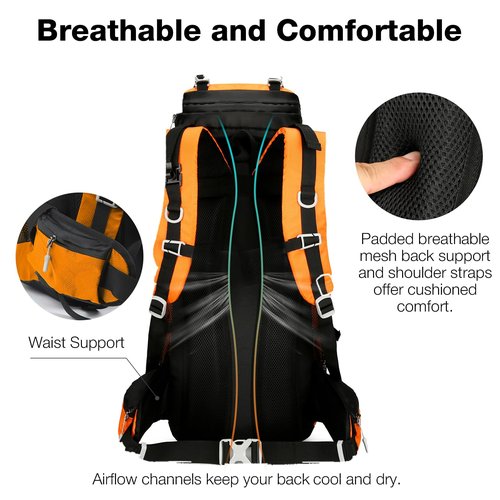 Outplea 60L Waterproof Backpacking Hiking Backpack with Rain Cover for Women, Large Camping Backpack, Orange