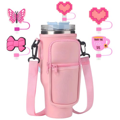 Denlei Pink Stanley Cup Bag, Cup Holder for Stanley 40oz Tumbler with Handle, Stanley Carrier Bag with 4Pcs Pink Straw Topper for Stanley Cup Accessories