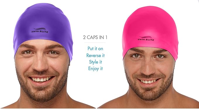 Reversible Silicone Swim Cap, Waterproof 2-in-1 Swimming Caps for Men and Women with Carry Bag, Flexible Adult Swimmers Cap for Short and Medium Length Hair