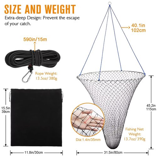 Dovesun Drop Net for Pier Fishing Nylon Portable Pier Net for Bridge Fishing Foldable Landing Neting Kit with Poly Rope Carabiners Stainless Steel Ring Soft Steel Hoop Size 31"
