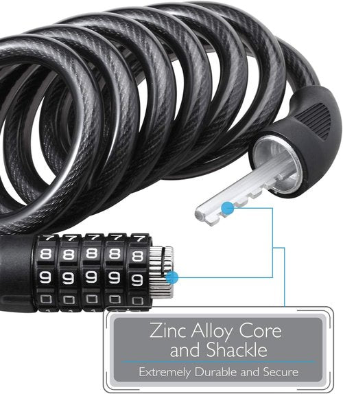 Fosmon Bike Lock Cable (6 Feet), Heavy Duty 5-Digit Self Coiling Resettable Combination Code, Bicycle Chain Flexible Steel Security Cable Lock with Bike Mount Holder - Black