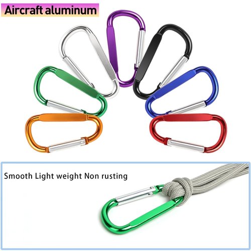 YOKRWO Lightweight Carabiner Clips, 3" Aluminum D Ring Shape Carabeaner Key Clip with Key Ring Keychain Spring Snap Hook Buckle (A-Black+Blue+Green+Purple)