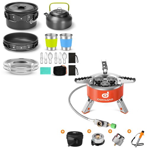 Odoland Bundle - 2 Items 15pcs Camping Cookware Mess Kit Non-Stick Lightweight Pot Pan Kettle Set and 5000W Portable Camping Stove