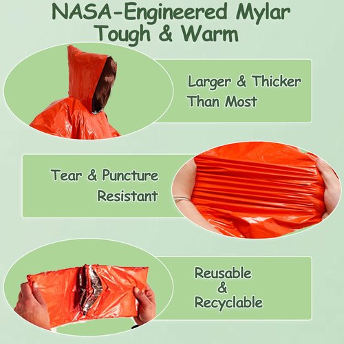 King Mills Plus Size Emergency Poncho, Mylar Poncho with Hood, Ideal Use as Emergency Blanket for Car, Mylar Emergency Blanket in Camping, Hiking, and Outdoor Activities, 8PK