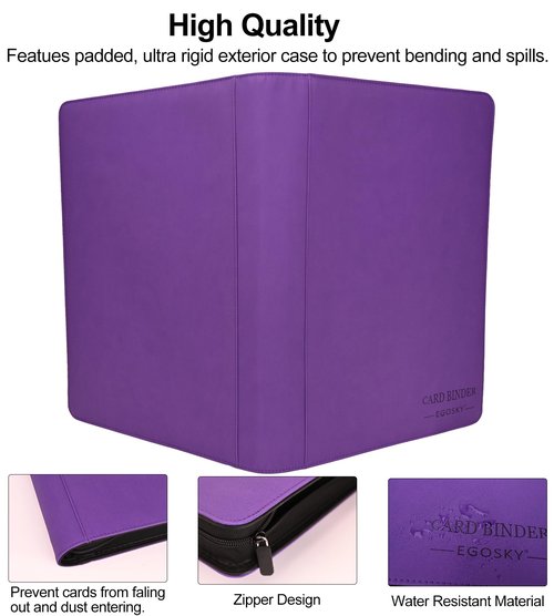 EGOSKY 1000+ Pockets Trading Card Binder, 16 Pocket Side Loading Card Holder Album for Sports Game Business Cards (Purple)