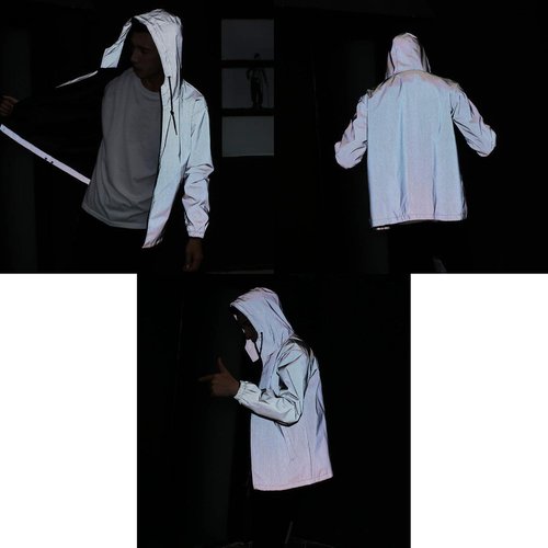 LZLRUN Reflective Jacket Casual Hiphop Windbreaker Night Sporting Coat Hooded Fluorescent Clothing