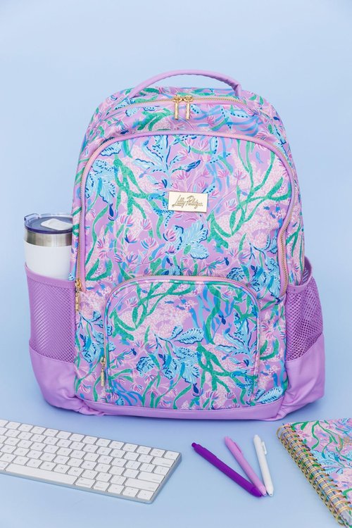 Lilly Pulitzer Large Backpack with Pockets, Adjustable Strap, and Handle, Large Bookbag for Work and Travel, Secret Escape