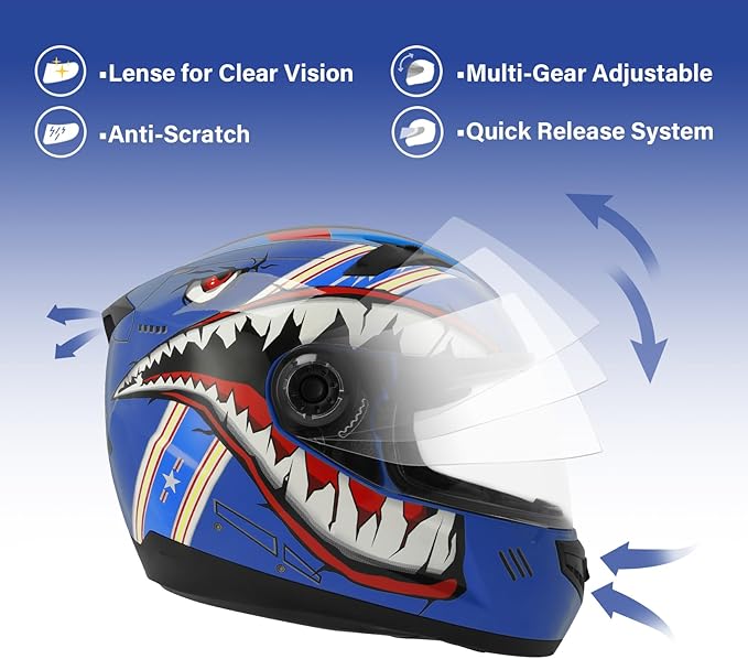 TCT-MOTORPARTS DOT Youth Four Wheeler Helmet Kids Motocross ATV Helmet Full Face Helmets for Offroad Street Dirt Bike Go-Kart BMX MX Gray Shark Mouth Large