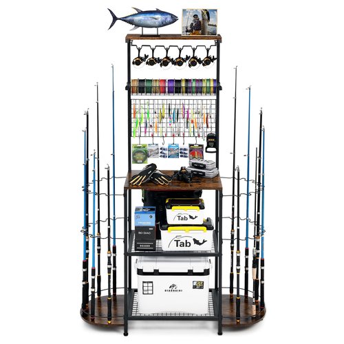 SINGBLA Fishing Rod Holders for Garage,Large Capacity Fishing Pole Holders for Garge, Holds 24 Fishing Rod Tackle Storage, Fishing Rod Tackle Fishing Gear and Equipment Organizer, Brown