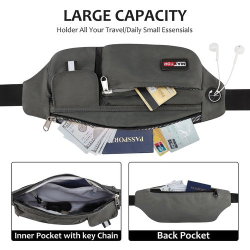 MAXTOP Large Crossbody Fanny Packs for Men Women with Headphone Jack and 5-Zipper Pockets Adjustable running belt for Outdoors Yoga Traveling Casual Running Hiking
