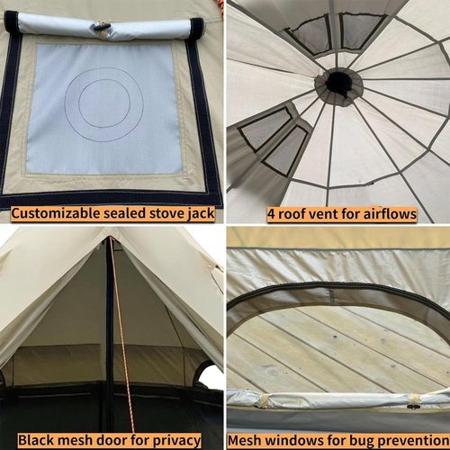 DANCHEL OUTDOOR B2A Luxury Glamping Bell Tent No Center Pole for 4 Person, 13ft/4m Large Waterproof Yurt with Stove Jack, All-Weather 300D Oxford Nylon Family Camping, Khaki