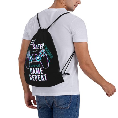 AIMASTZ Eat Sleep Game Repeat Unisex Drawstring Backpack Bag Sport Gym Swim Travel Sackpack
