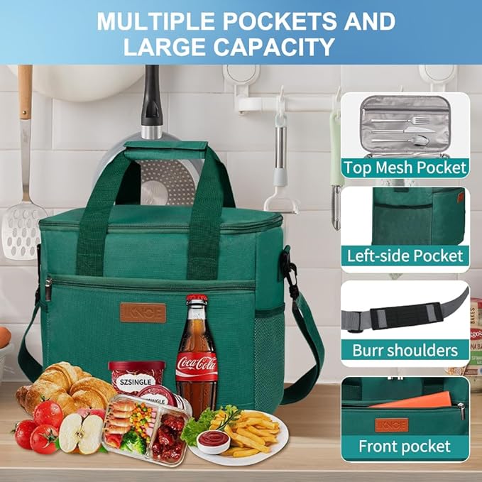 iknoe Large Cooler Bag Collapsible, 15L Insulated Bags, Leakproof Lunch Cooler Tote with Multi-Pockets for Adult, Insulated Lunch Box for Beach, Picnic, Work, Blackish Green 24-Can