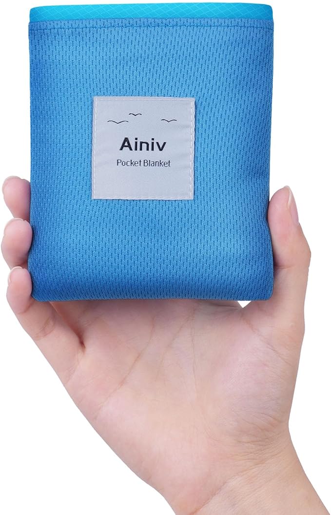 Picnic Blanket, Mini Pocket Beach Mat 43.3 x 55.1IN (2-3 People) Foldable, Lightweight Waterproof Sand Free, Foldable Thin Ground Sheet for Outdoor Camping Hiking Travel - with Hand Strap