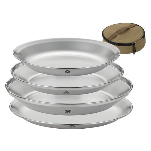CAMPINGMOON Camping Plates 4pcs set Salad Side Dinner Plate Dishes Outdoor Tableware Stainless Steel with Canvas Case S397-1S