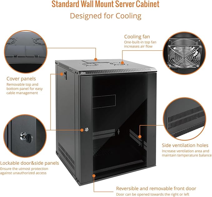 Tecmojo 15U Wall Mount Rack Network Cabinet for 19" IT Equipment,with Lockable Glass Door and Side Panels,Cooling Fan,17.7inch Depth,Black (15U)