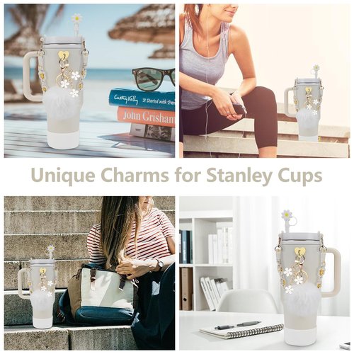Stanley Cup Accessories Set - 7 Piece Collection: Water Bottle Handle, Silicone Boot, Straw Cover, Charms for 40/30 oz Tumbler (White)