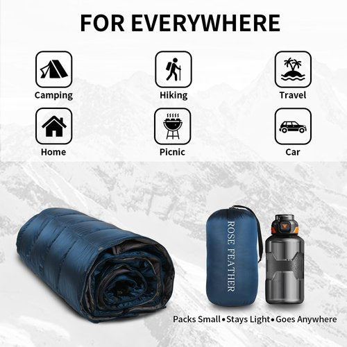 ROSE FEATHER Down Camping Blanket, Muti-Use Outdoor Travel Blanket, Puffy Sleeping Bag Blanket, Waterproof Packable Backpacking Quilt for Camping, Travel, Hammock, Airplane, Hiking, Picnic, 55''x79''