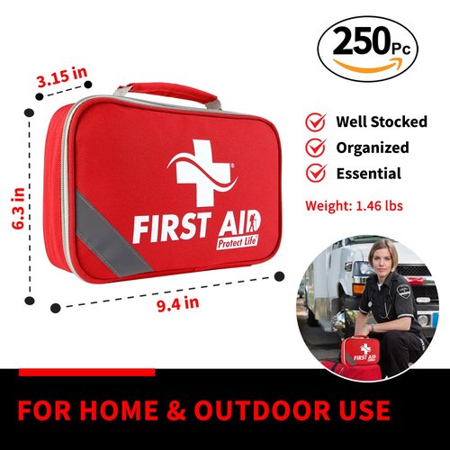 Protect Life First Aid Kit for Home & Business, 250 Pcs - Emergency Medical Kit for Camping & Hiking