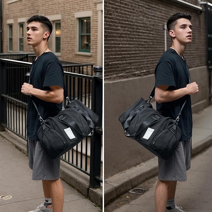 Small Gym Bag Waterproof Shoe Compartment Duffle Workout Bags Overnight Weekender Bag Personal Sport Carry on Outdoors Travel Bag Black for Men Women
