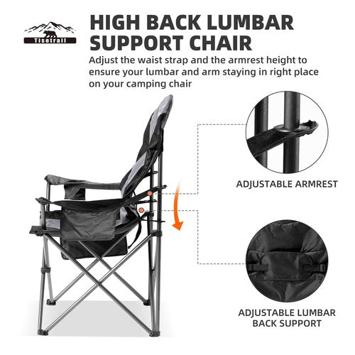 Tisetrail 2 Pack Folding Camping Chairs Set of 2 for Adults High Back Padded Lawn Chairs Portable Outdoor Camp Chairs, 400lbs Capacity, Black & Gray