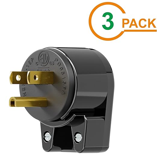 ETL Verified 3-Pack Nema 5-15P 90 Degree Right Angle Plug, 15A 125V USA 3-Prong Household Angled AC Plug, Black