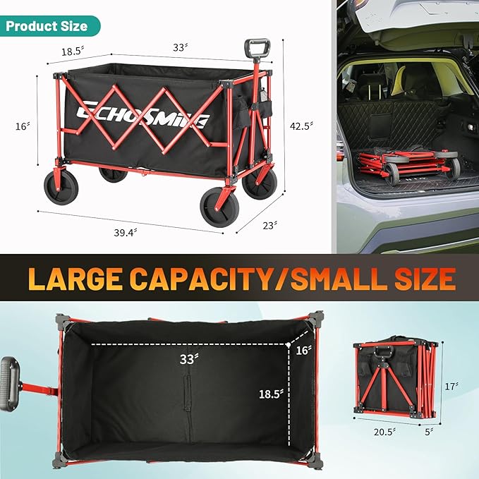 EchoSmile Heavy Duty 350 Lbs Capacity Collapsible Wagon, Outdoor Folding Camping Wagons, Grocery Portable Utility Cart, Adjustable Rolling Carts, All Terrain Sports Wagon with Big Wheels (Black-Red)