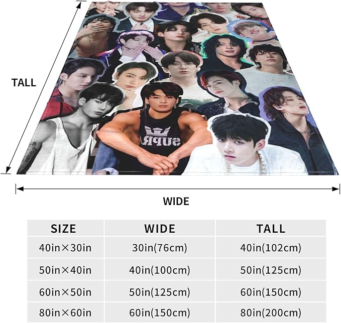 Jung Kook Blanket 60"X80" Soft and Comfortable Warm Fleece Throw Full Picture of Idol Group Blankets Yoga Blankets Beach Blanket Picnic Blankets Gift for Dorm Room Decor Sofa Bed Camping Travel