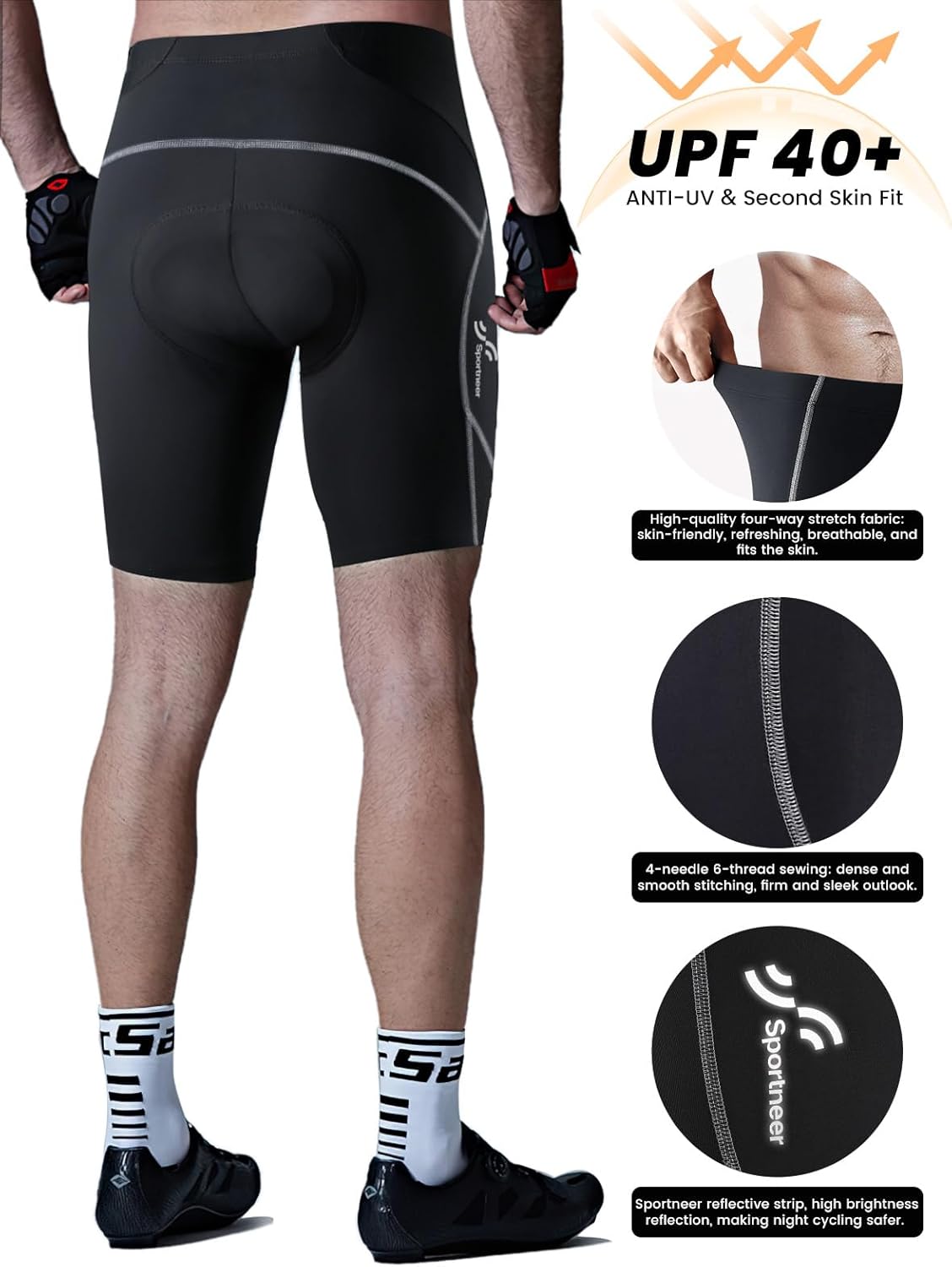 Sportneer Padded Bike Shorts for Men - 4D Padding Mens Bicycle Cycling Biking Clothing Shorts, Breathable and Absorbent