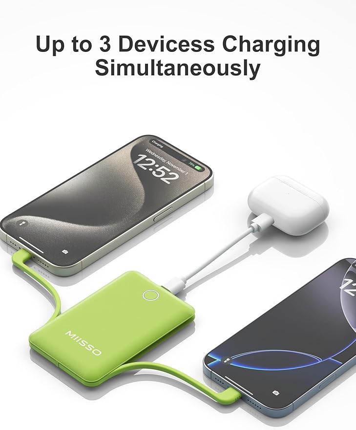 miisso 10000mAh Slim Portable Charger with Built in Cable, Power Bank Travel Charger External Battery Pack for Phone, 3 Output USB Type C Cord Clutch Charger Compatible with iPhone, Green