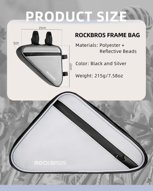 ROCKBROS Bike Frame Bag Reflective Bicycle Triangle Bag with Two Side Pockets Strap-On Under Top Tube Storage Pouch Bike Accessories for Adult (0.9L)