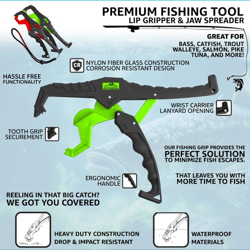 MIDDLETOWN OUTDOORS Fish Lip Grabber, Fish Lip Gripper,9" Fishing Tool, Mouth Spreader Grip, Hook Remover, Gripper, Hook Remover, Fishing Gear, Green