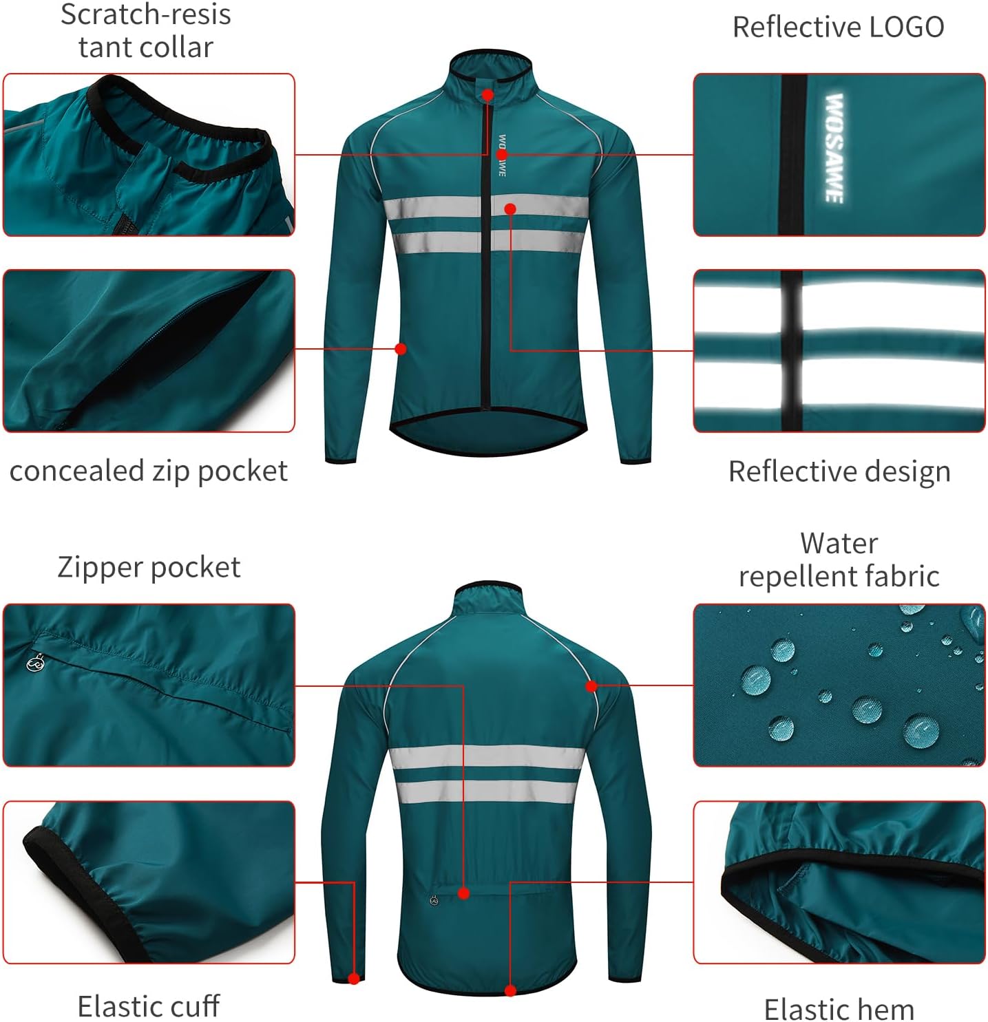 WOSAWE Men's High Visibility Cycling Wind Jacket Water Resistance Reflective Windbreaker
