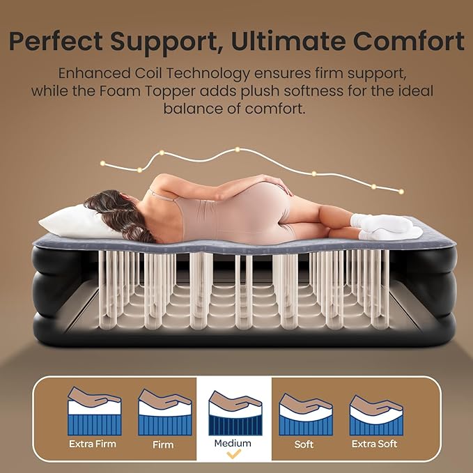 OhGeni 20" Luxury Full Air Mattress with Built-in Pump, Inflatable Bed with Silk Foam Topper for Superior Comfort, Premium Blow-Up Mattress for Home, Camping & Guests, Easy Setup, Extra Support, Black
