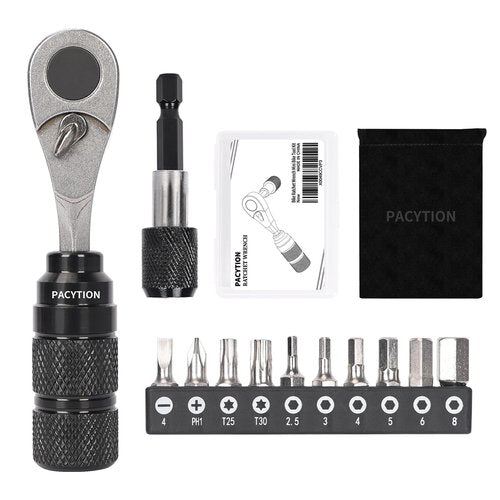 Bike Tool Kit, Bike Repair Kit Mini Ratchet Wrench Set with 10 Bits, 1/4 Ratchet Ratcheting Screwdriver 10 in 1, MTB Road Bike Ratchet Wrench for Tight Spaces With Extension Rod, Storage Case & Bag