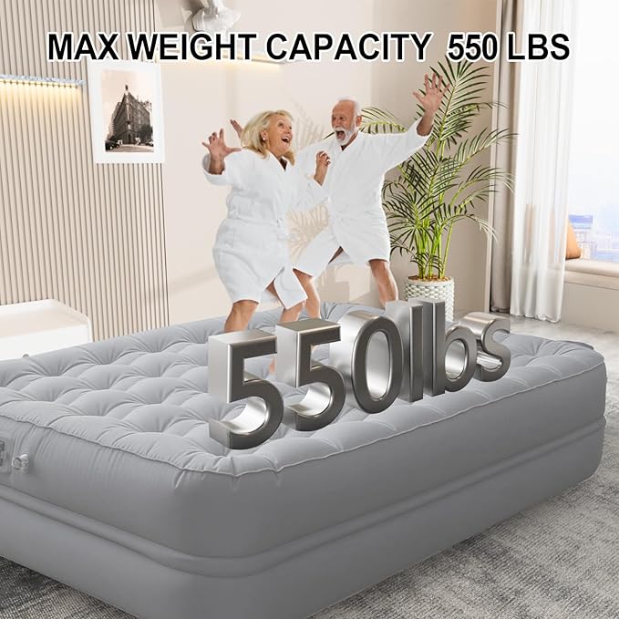 Air Mattress Queen with Built-in Rechargeable Battery Pump, Portable Camping Air Bed, Cooling Pongee Fabric Mattress for Summer Use, Foldable Inflatable Bed (18" Gray)