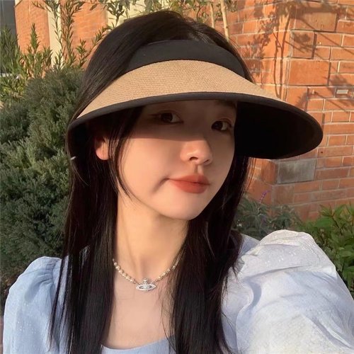 UPF 50+ Sun Visors for Women Wide Brim Beach Hat Foldable Straw Visor Hat Summer Packable (Khaki-Black)