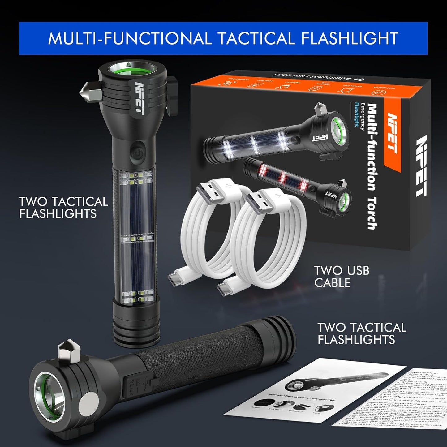 NPET T10 Car Flashlight 500 Lumens LED COB Light Solar Powered USB Rechargeable Tactical Multi-Function Torch Tool with 120dB Siren Window Breaker Seat Belt Cutter Compass for Camping