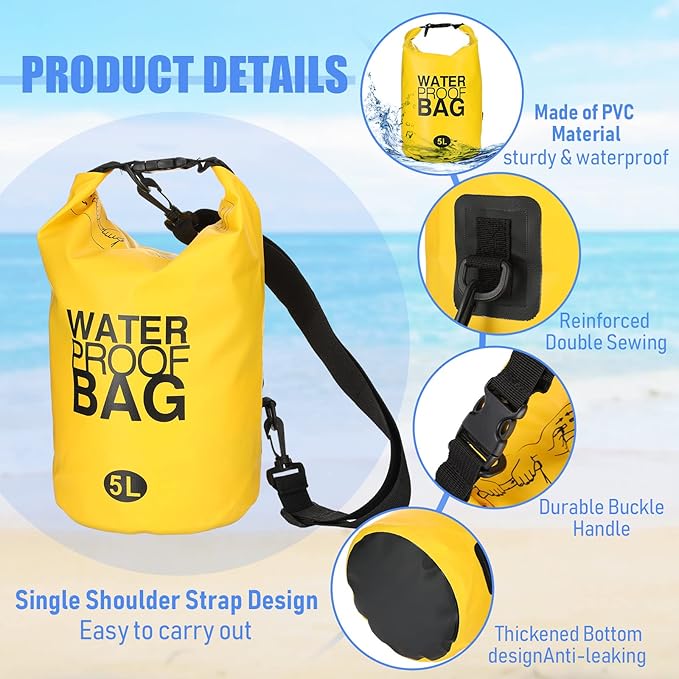 Jexine 10 Pack Dry Bag Waterproof, 5L Ultralight Dry Sacks Roll Top Storage Bag Backpack Camping Portable Outdoor Bags Keep Gear for Backpacking Kayaking Hiking Swimming Fishing Boating(Multicolor)