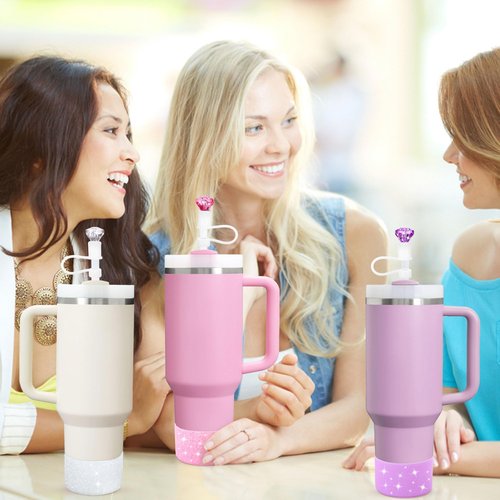 Etyishe Cup Accessories Set for Cup, Including 3 Pcs Glitter Silicone Boot, 3 Pcs Diamond Straw Cover for Cup Accessories, Compatible with Cup 30&40 Oz Tumblers (Pink White Purple)