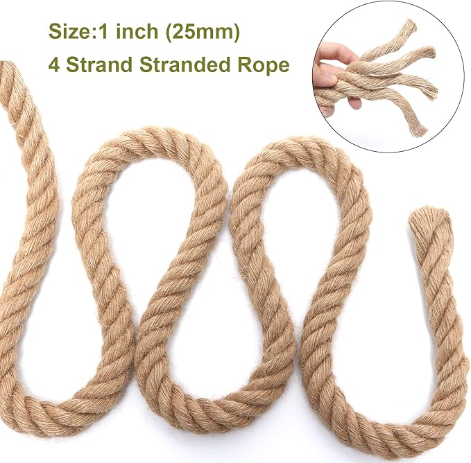 Heavy Duty Jute Rope - 1 Inch, 50 Feet, Natural Hemp for Crafts, Gardening, Bundling, Climbing, Hammock, Nautical, Tug of War, Railings, Home Decorating