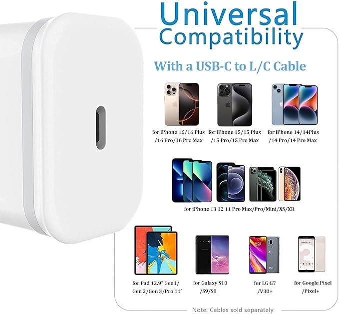 USB C Charger Block 3-Pack 20W Type-C Fast Charging Phone Wall Plug Portable Power Adapter USBC Brick USB-C Box for iPhone 16 15 14 13 12 11 Pro Max Plus XS X XR SE 8 7 6 6S, Pad