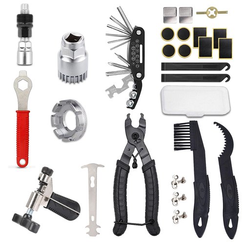 Bike Repair Tool Kit,Bicycle Tire Chain Repair Tool with Chain Breaker,Link Plier,Crank Puller Extractor,Bottom Bracket Remover,Spoke Wrench,Patches,Levers,Versatile Multitool,Clean Brush