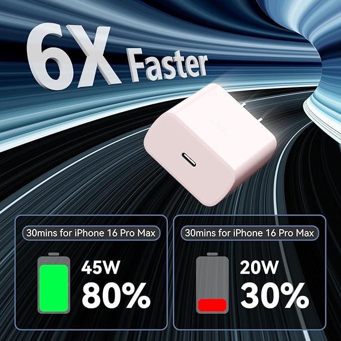 Phone 16 Pro Max Charger Fast Charging, 45W Super Fast USB C Charger Block with 6.6FT Long Charging Cord Cable for Phone 16 Pro Max/16 Pro/16/16 Plus,15 Pro Max/15 Pro/15,Android Phone-Pink