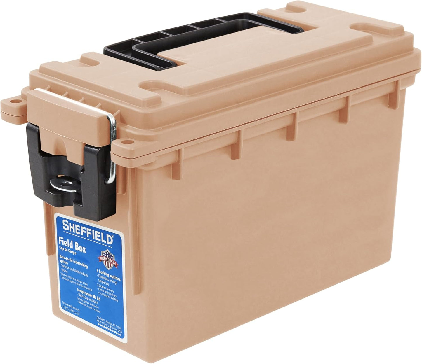 Sheffield 12629 Ammo Storage Box, Stackable .30 Cal Field Boxes, Water and Dust Resistant, Lockable Storage Box with Handle, Secures Hunting Gear, Supplies, and Bullets, Made in USA, Black, 1-Pack