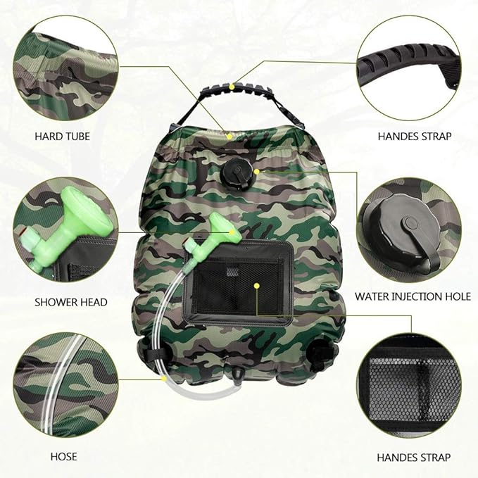 Solar Shower Bag | 5 Gal/20L Solar Heating Camping Shower Bag | Removable Hose | On-Off Switchable Shower Head | Ducha Portatil | Traveling Shower | Portable Shower for Beach Swimming, Hiking