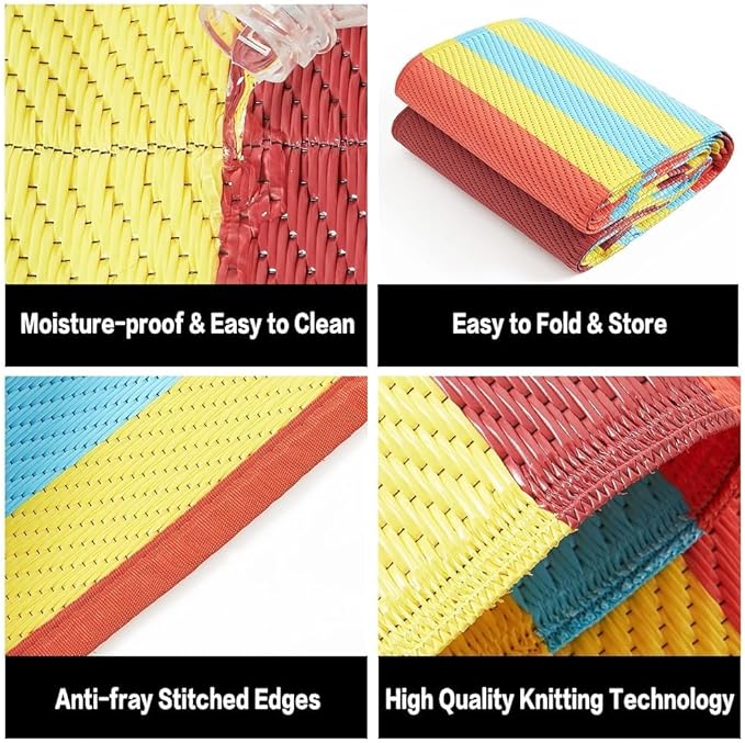 Outdoor Waterproof Rug 8'x10' Plastic Straw Rugs Washable Reversible Floor Mat Rainbow Stripe Carpet for Camping RV Deck Entryance Porch Picnic Balcony Beach Backyard