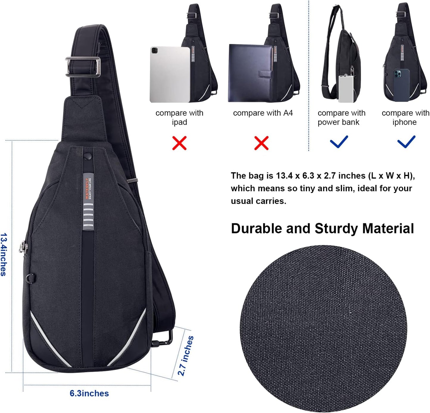 WATERFLY Small Crossbody Sling Backpack Anti Theft Backpack for Traveling Chest Bags for Men&Women Multipurpose Casual Daypack Hiking Shoulder Bag (Black)